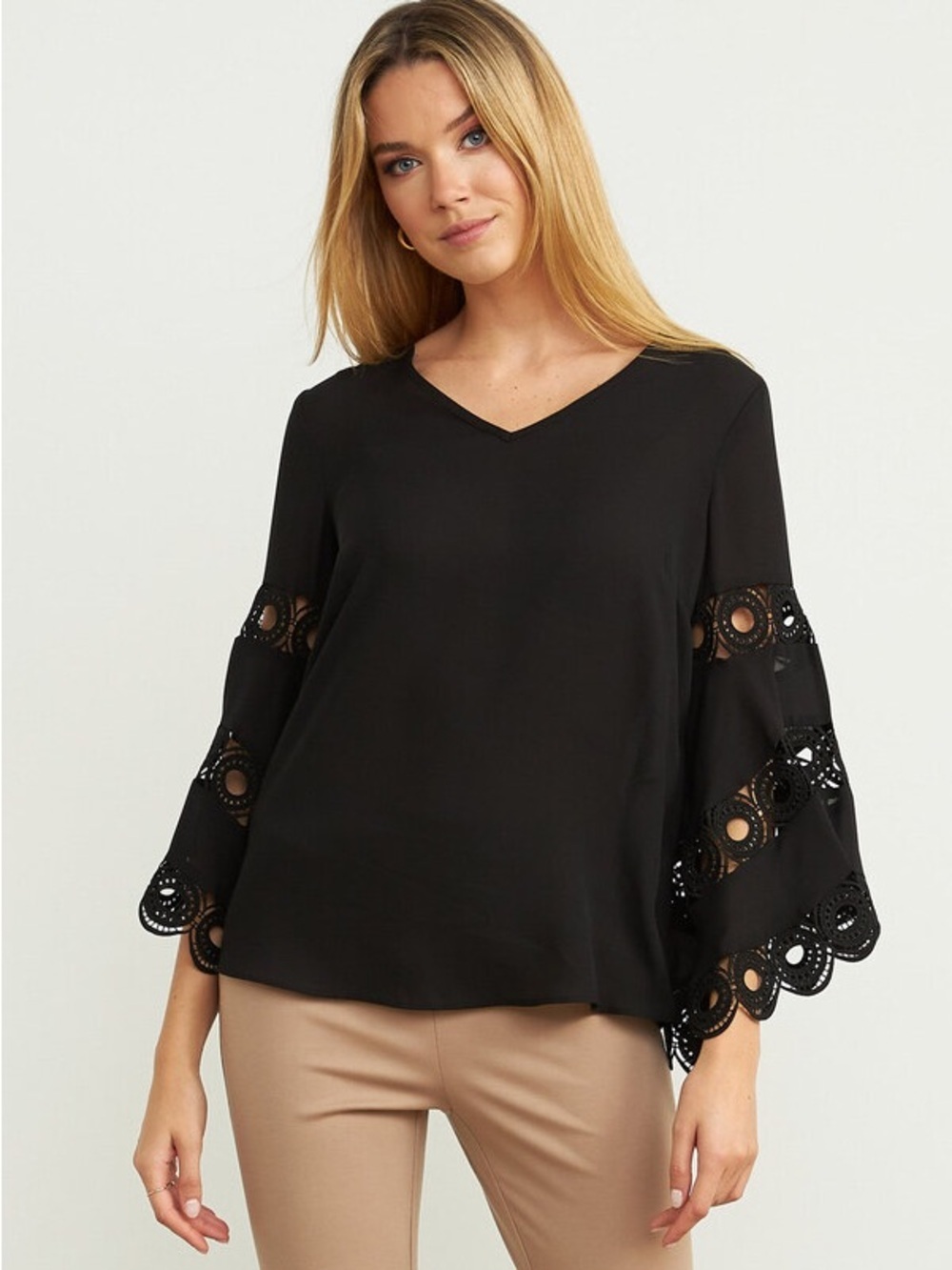 Joseph Ribkoff Cut Out Crochet Lace Bell Sleeve Blouse Boho Black Size 10 New